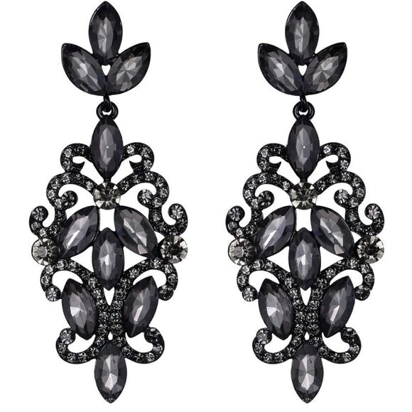 Carbon Black with Charcoal Gray Crystal Marquise Filigree Chandelier Earrings - Picture 1 of 5